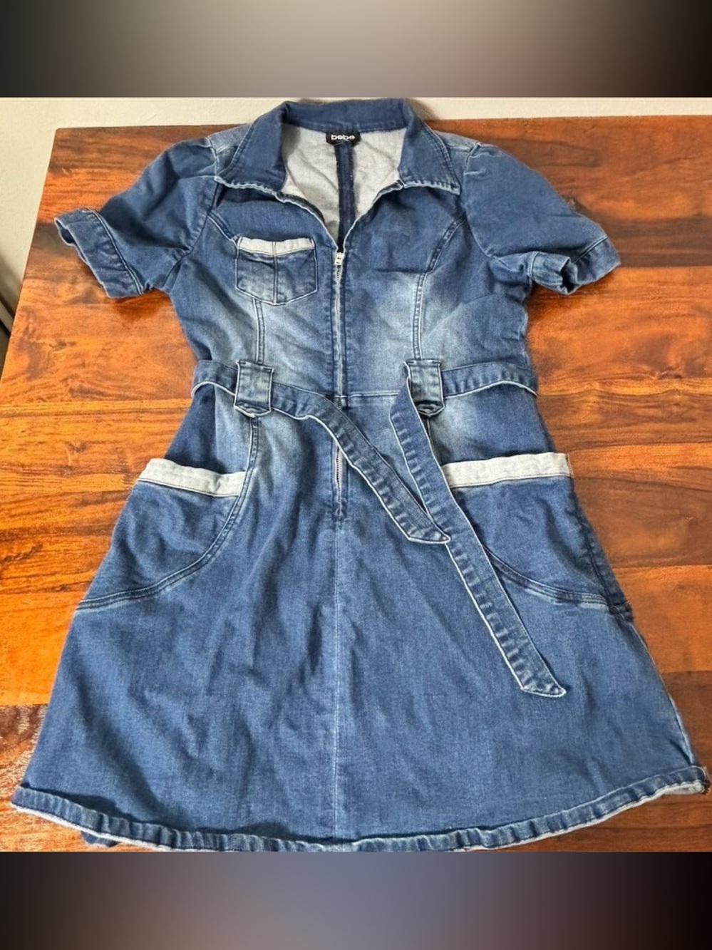 bebe Blue Denim Short-Sleeve Shirt Dress with Belt sz 10